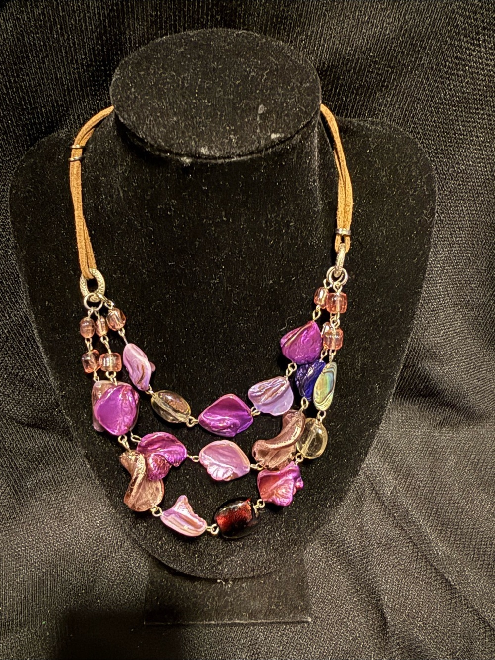 Shades of Purple Necklace Glass & Shell Beads Cord Layered Triple Beach Jewelry